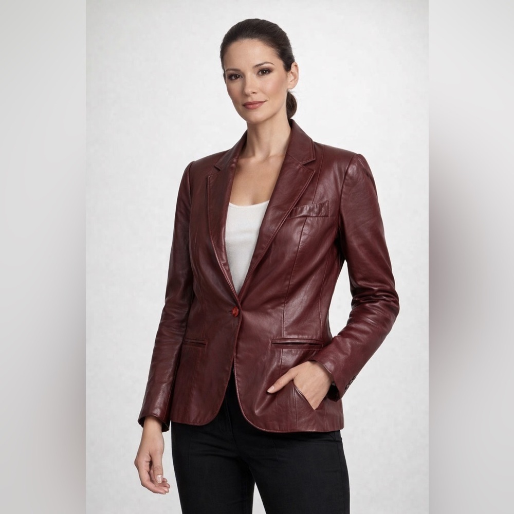 Burgundy Genuine Leather Blazer Jacket Women’s Fitted Single Button Vintage